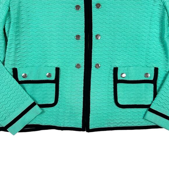 Ming Wang Size M Full Zip Contrast Trim Cardigan Acrylic Jacket Mint Green Black - Picture 3 of 12